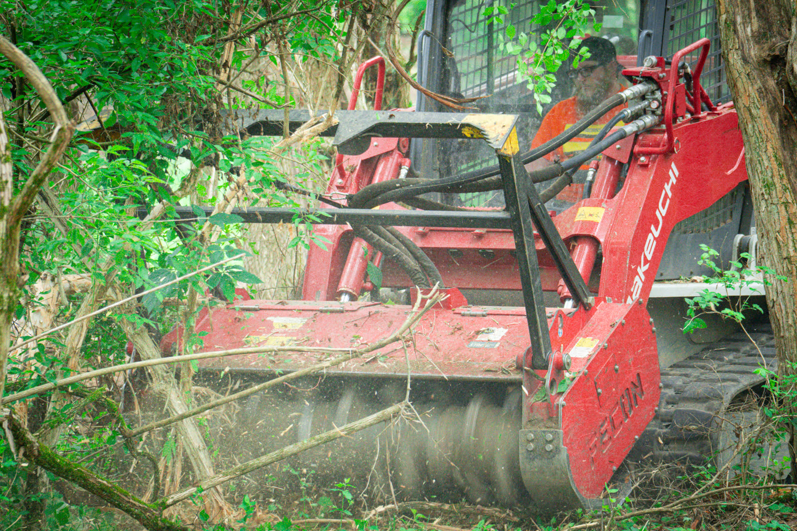Brushworks forestry mulcher processing saplings, vines, and invasive brush near Cincinnati